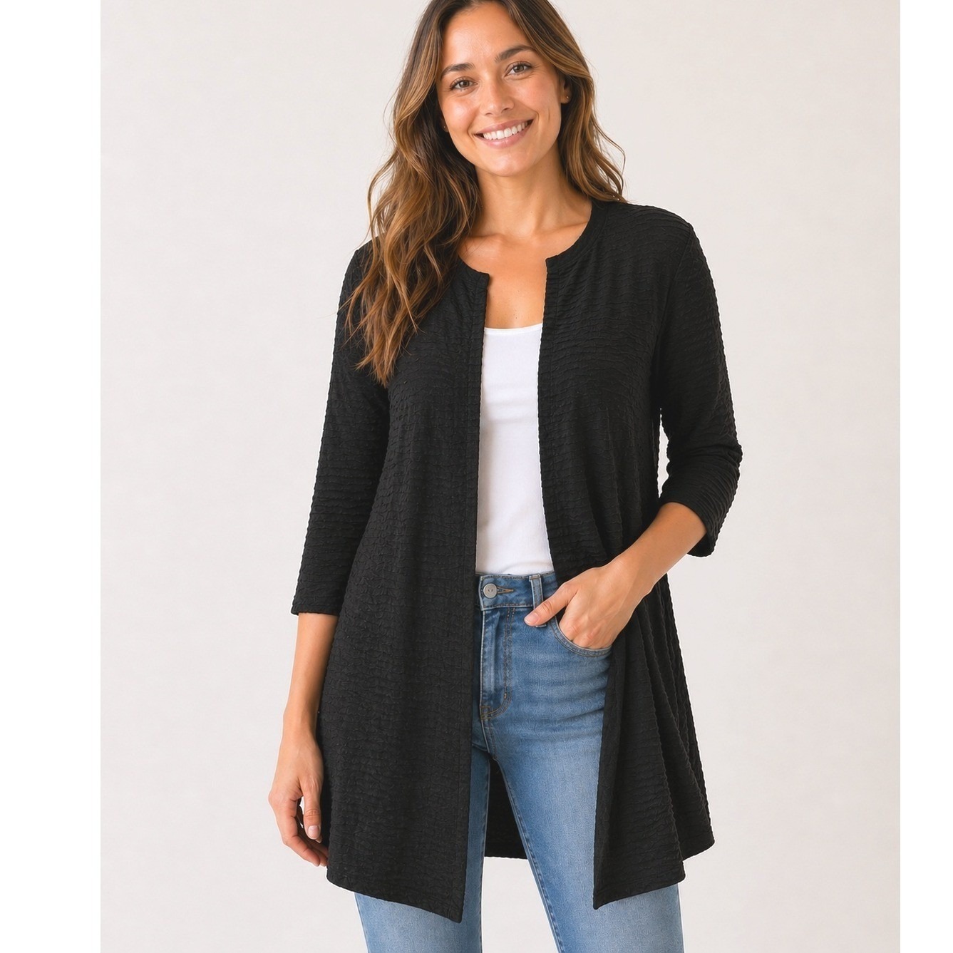 Eileen Fisher Black Cotton Linen Ripple Textured Open Front Cardigan Size Small